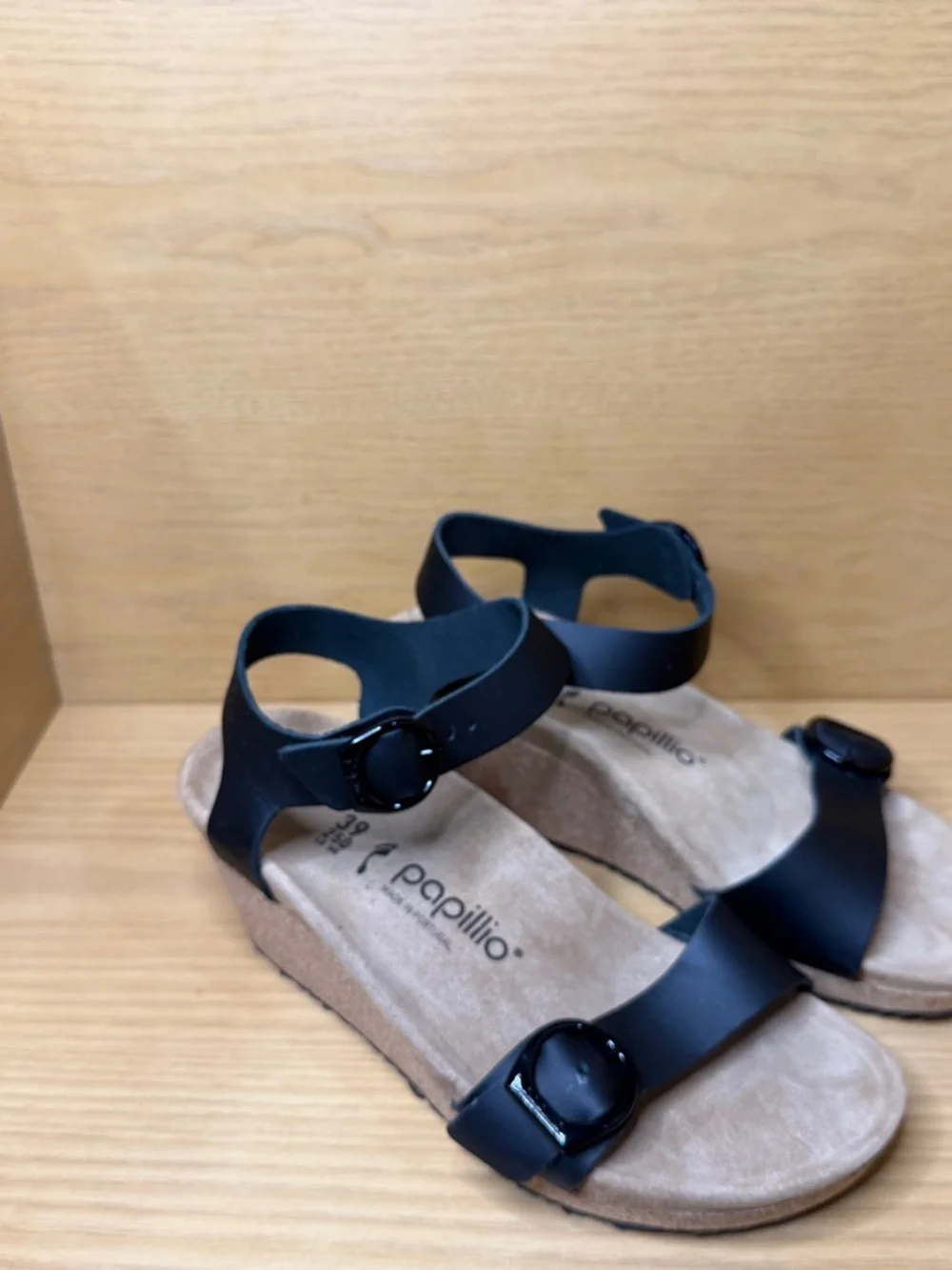 BIRKENSTOCK Papillio Soley Ring-Buckle Wedge Sandals Black. US 8 , EU 39. New - Picture 1 of 7